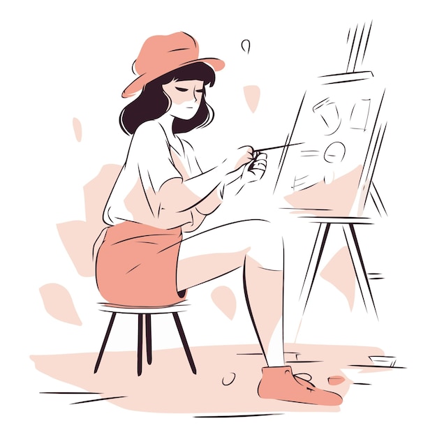 Vector young woman drawing on easel of female artist in hat painting picture