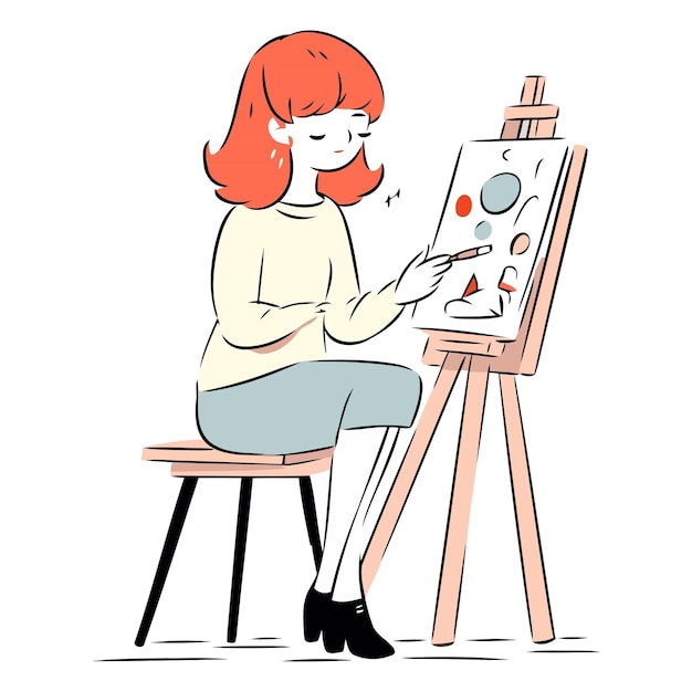 ベクトル キャンバスに絵を描いている女の子の絵を描く若い女性