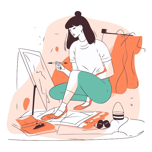 Vector young woman drawing a picture in a flat style