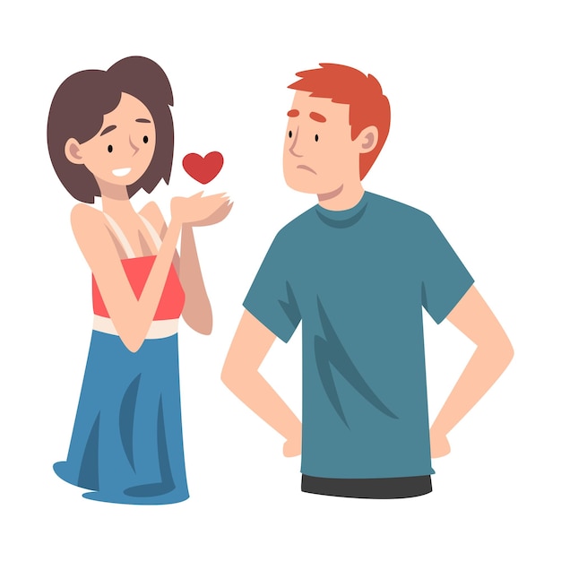服を着た若い女性が若い男性に心を捧げます分割されていない愛のベクトルイラスト