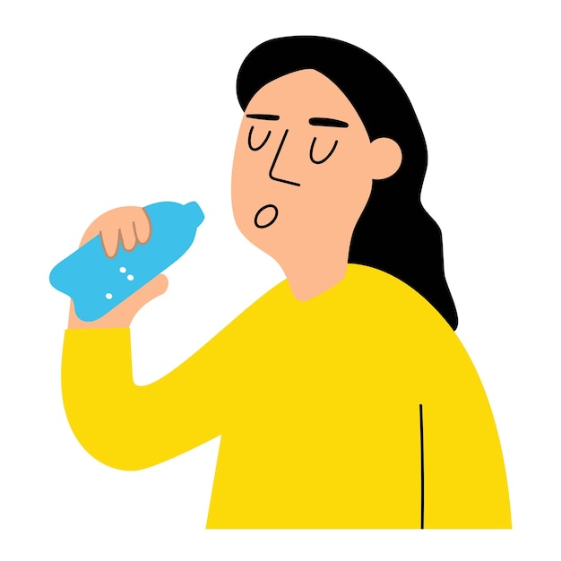 Young woman drink water from bottle outside in summer. Vector illustration on white background.