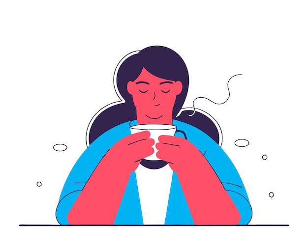 young woman drinking coffee character illustration