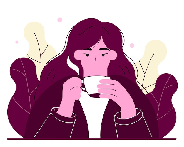 young woman drinking coffee character illustration