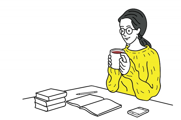 Vector young woman drinking coffee with writing time