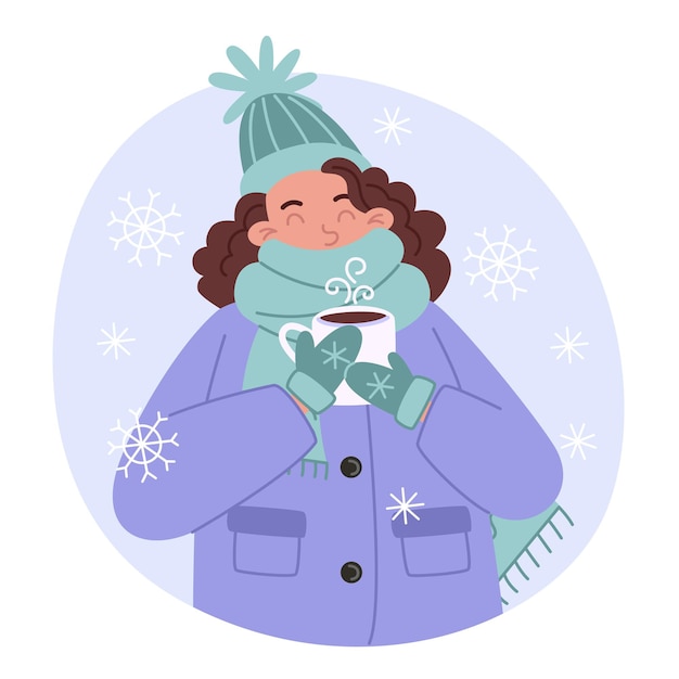 Young woman drinking hot chocolate in winter in a flat style