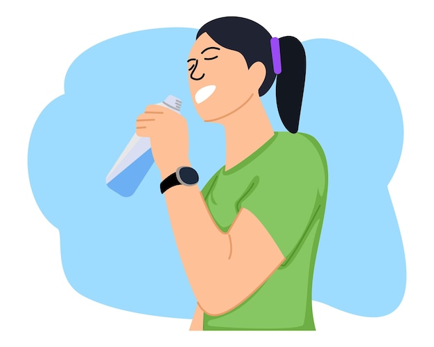 Vector young woman drinking water using a bottle