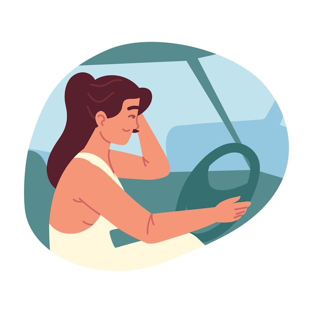 Vector young woman driving car