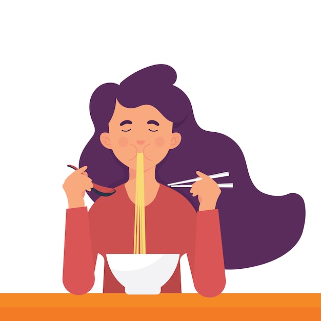 Vector young woman eat ramen