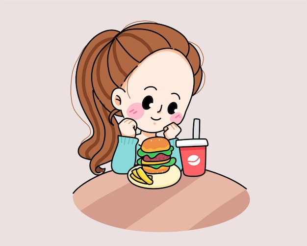 Young woman eating unhealthy or junk food concept cartoon hand drawn cartoon art illustration