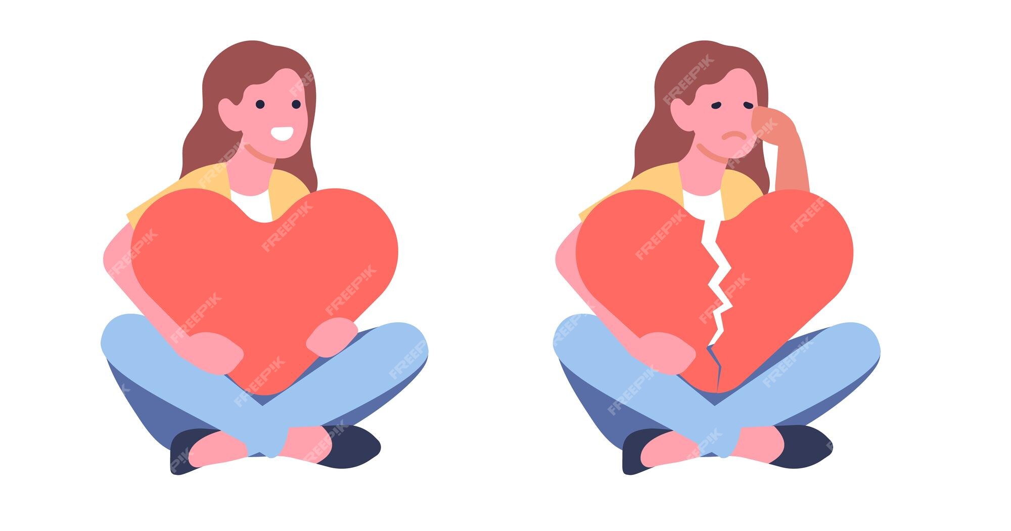 Premium Vector | Young woman embraces big red heart Whole and broken