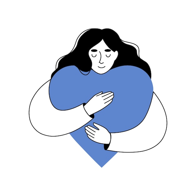young woman embraces a heart with love self love care selfhelp concept linear vector illustration