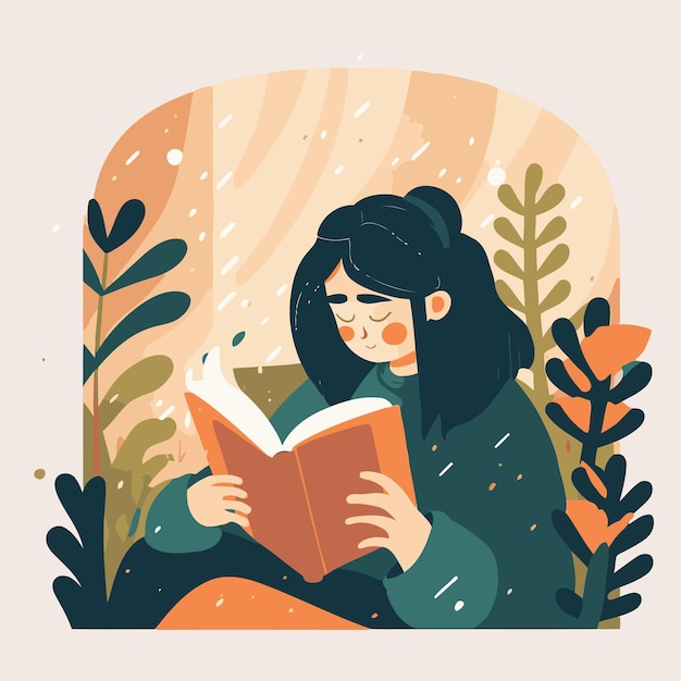 Молодая женщина наслаждается сидящим чтением книги hygge concept vector illustration