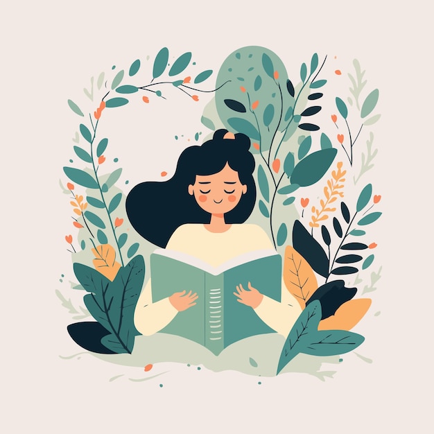 Vector young woman enjoy sitting reading book hygge concept vector illustration