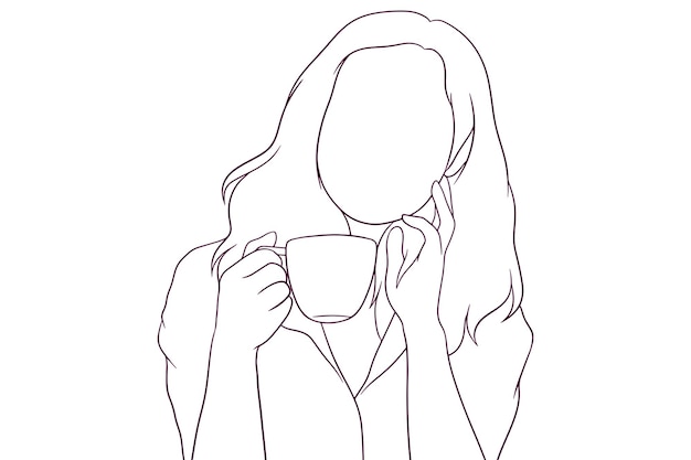 Young woman enjoying a cup of tea hand drawn vector illustration