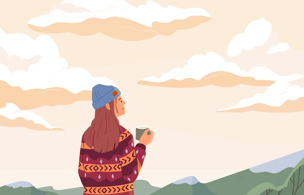 Vector young woman enjoying peaceful landscape, relaxing, looking at sky with clouds, drinking tea and dreaming. inspiration concept. colored flat vector illustration of person alone with nature.