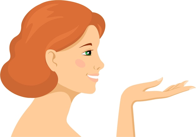 Young Woman Face Icon Side View with Open Hand