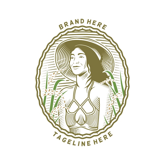Логотип иллюстрации фермера молодой женщины с растением пшеницы на ферме