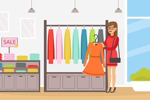 Young woman in fashion store choosing dress doing shopping vector illustration
