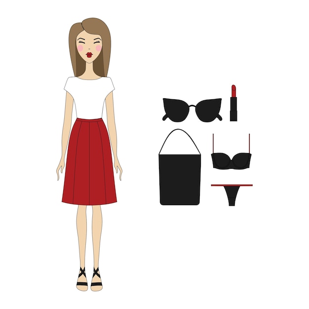 Vector young woman in fashionable clothes girl in dress casual wear skirt shoes a bag blouse cosmetics