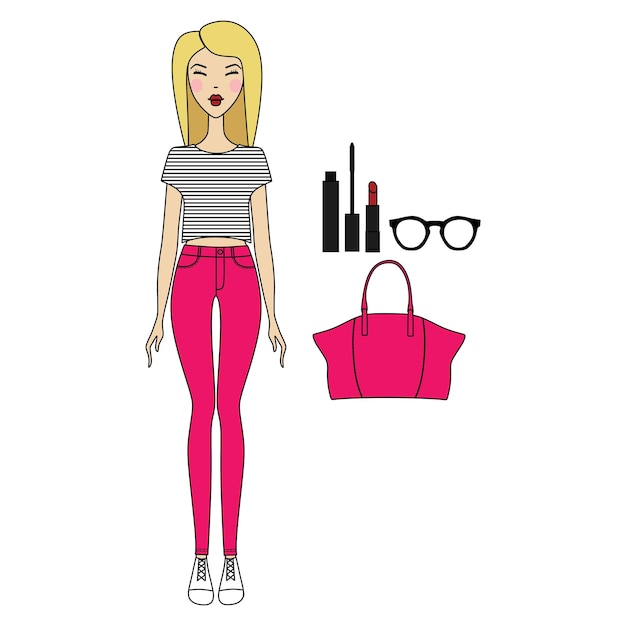 Vector young woman in fashionable clothes