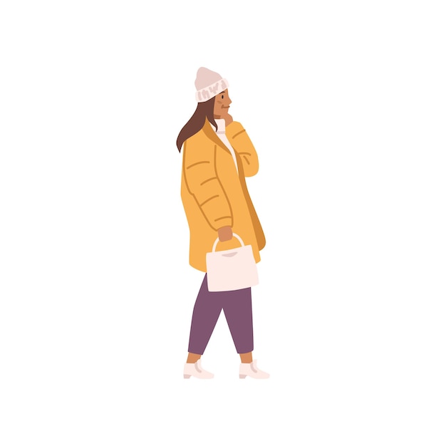 Vector young woman in fashionable winter jacket and pants