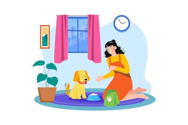 Young woman feeding her dog Illustration concept