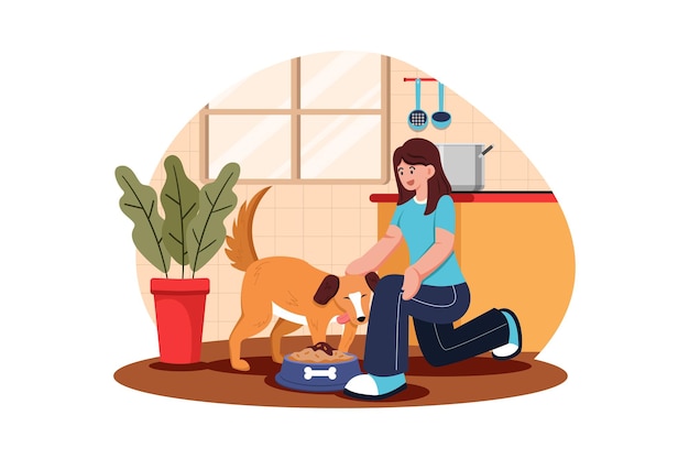 Vector young woman feeding her dog