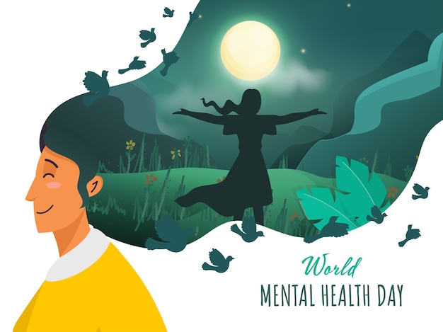 Vector young woman feel the air with open arms on nature view in night time for world mental health day.