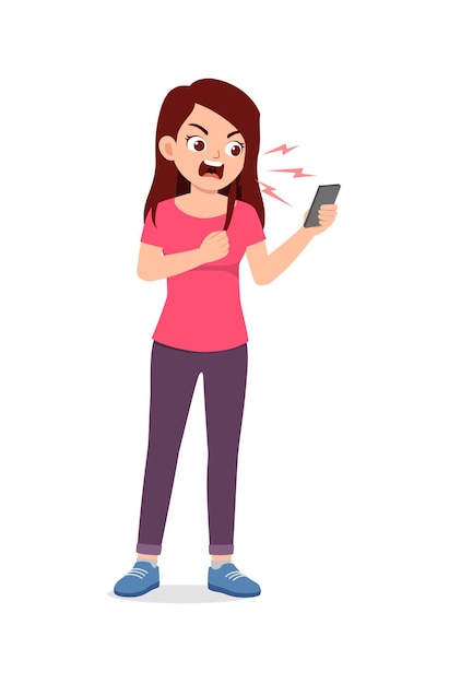 Vector young woman feel angry and scream to phone