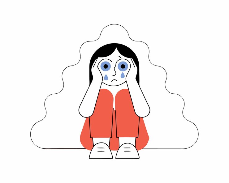 Вектор молодая женщина чувствует грусть, усталость и беспокойство, страдает от депрессии.