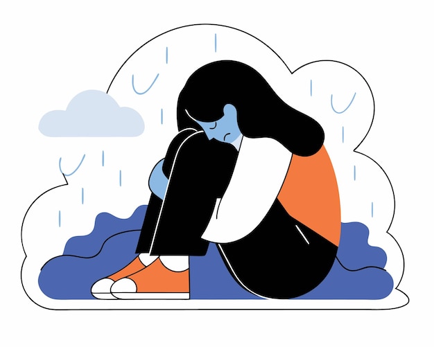 Young woman feeling sad tired and worried suffering depression cartoon illustration