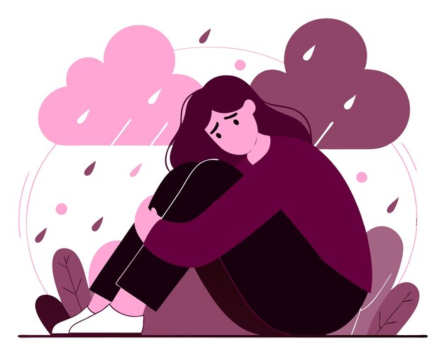 Young woman feeling sad tired and worried suffering depression cartoon illustration
