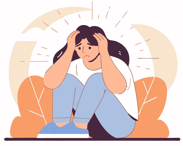 Young woman feeling sad tired and worried suffering depression cartoon illustration