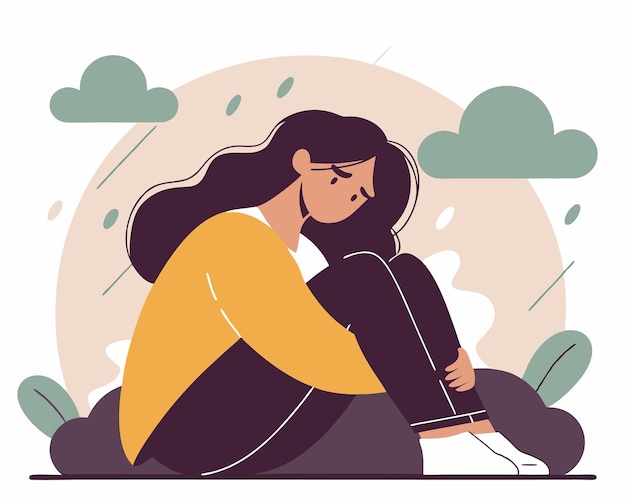 Young woman feeling sad tired and worried suffering depression cartoon illustration