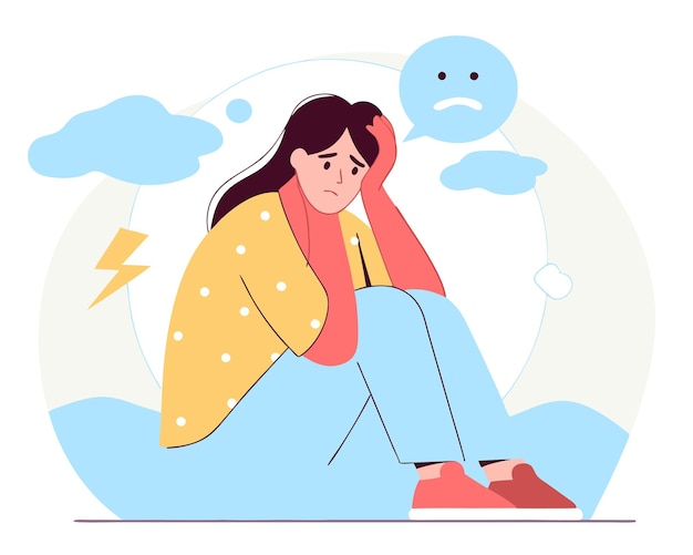 young woman feeling sad tired and worried suffering depression cartoon illustration