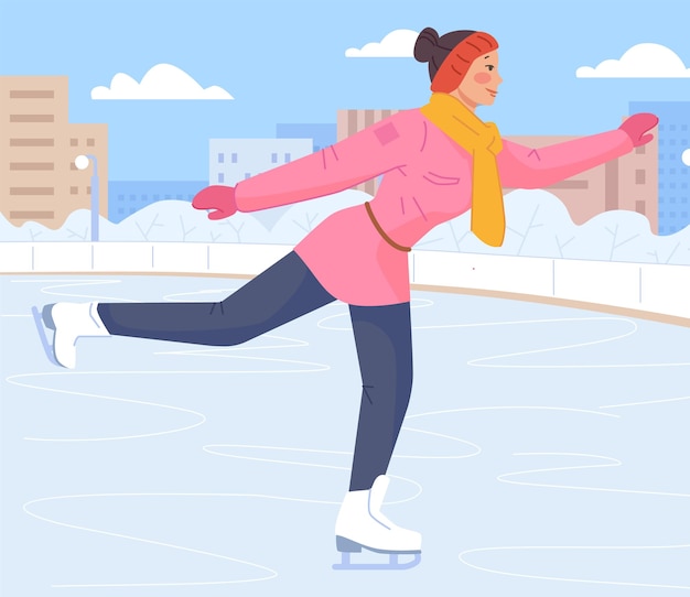 Vector young woman figure skating on ice rink background