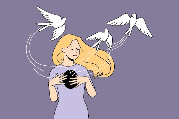 Вектор Молодая женщина освобождает птиц из сундука