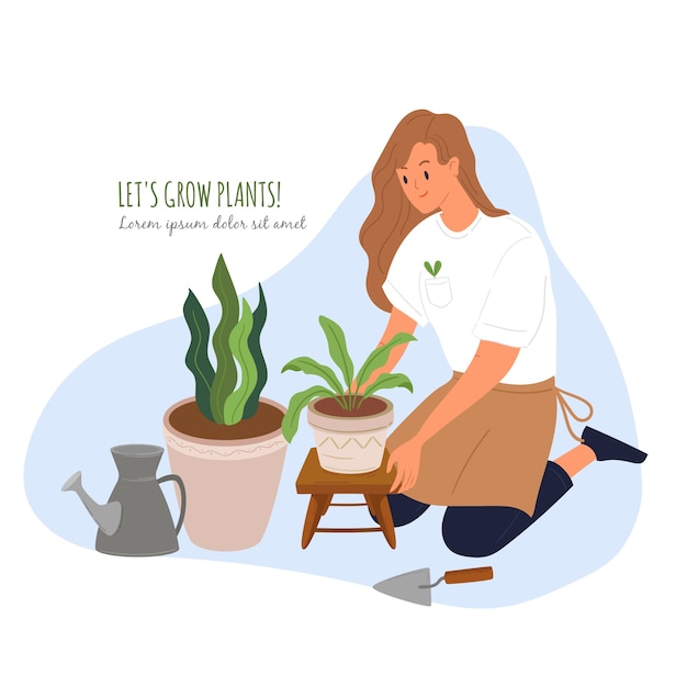 ハーブの漫画のキャラクターを植える若い女性の庭師。緑化、造園。庭、庭、緑地。白い背景で隔離の栽培者と植木鉢。