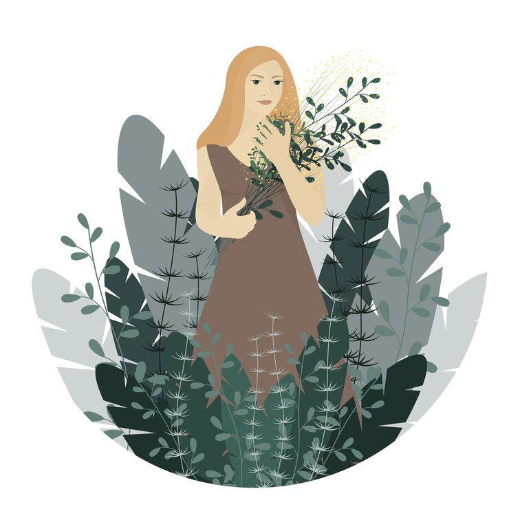 Vector young woman gathering herbs