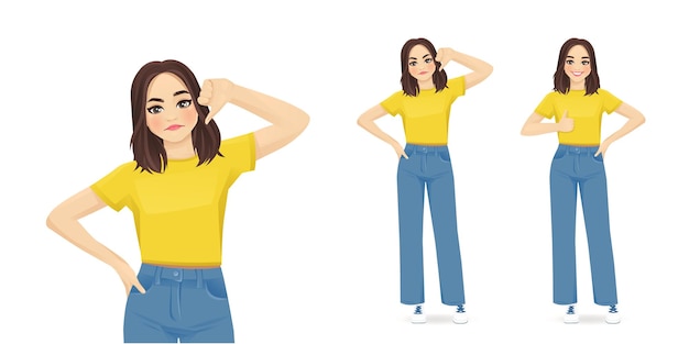 Vector young woman gesturing thumb up and thumb down