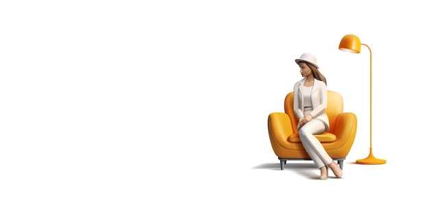 Vettore una giovane donna una ragazza in abiti eleganti si siede in una morbida sedia arancione 3d per la bellezza attività di attesa servizio lifestyle concetti pubblicitari vettore