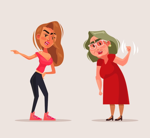 Vector young woman girl teen quarrel with grandmother mother character