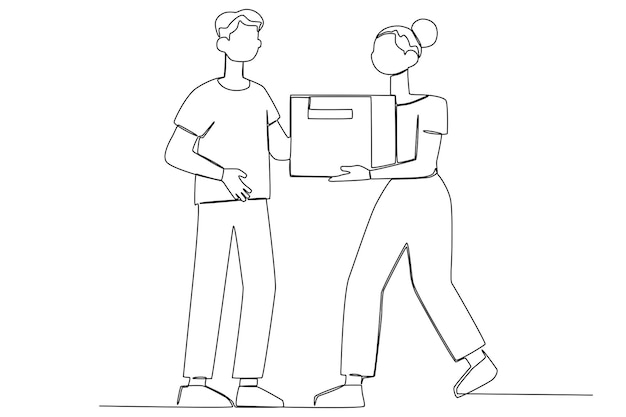 A young woman giving charity a young volunteer one line art