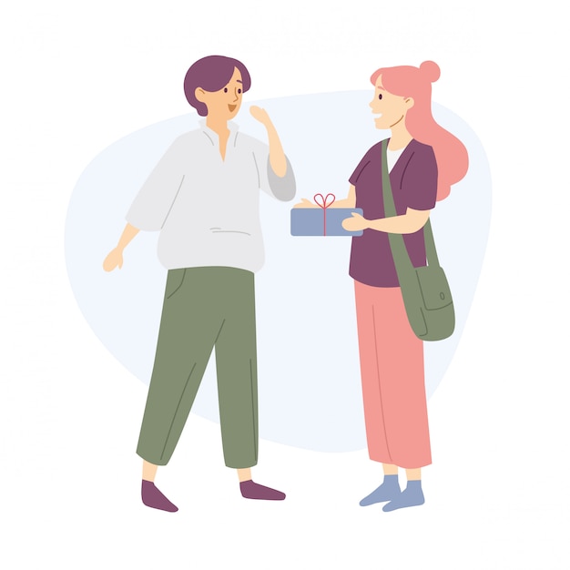 Vector young woman giving a friend present box