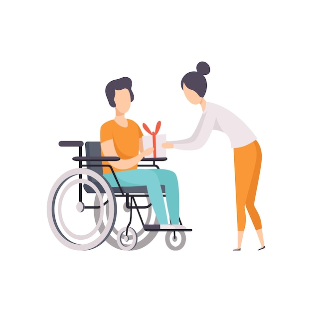 Young woman giving a present to man in wheelchair disabled person enjoying full life vector Illustration isolated on a white background