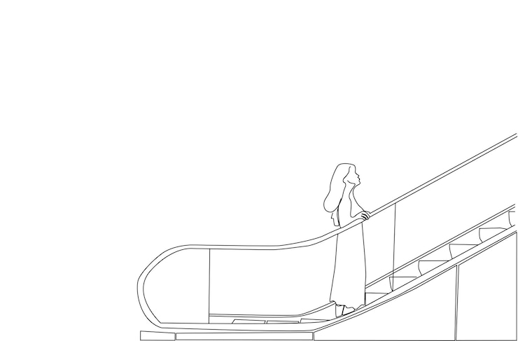 Vector young woman going up the escalator.passenger shopping mall buyer woman using stairs.