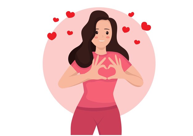 Vector a young woman in a good mood cheerfully expresses herself showing a heart symbol