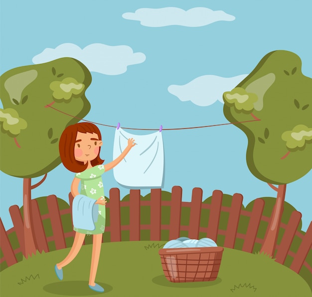 Молодая женщина висит мокрая одежда после стирки на линии на открытом воздухе иллюстрация