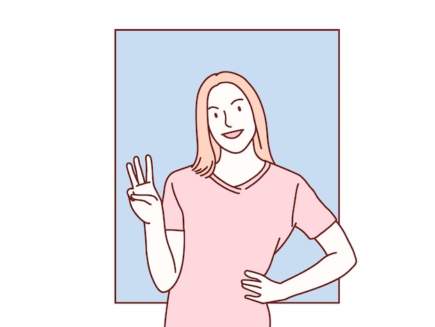 Young woman happy and counting three with fingers korean simple style illustration