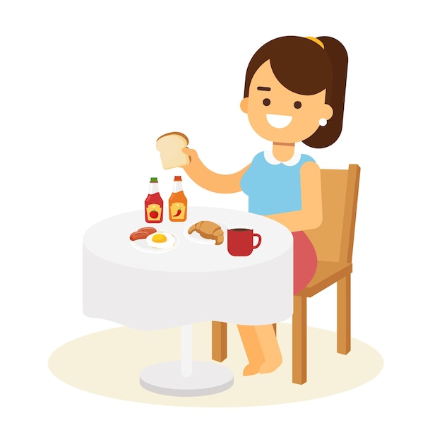 Vector young woman having breakfast